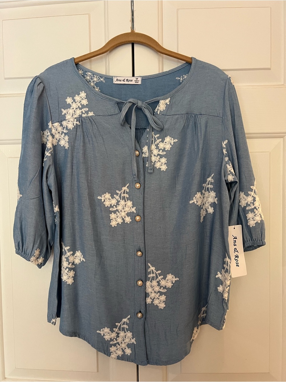 Light Blue Floral Embroidered Button-Front Blouse NWT Size Sp